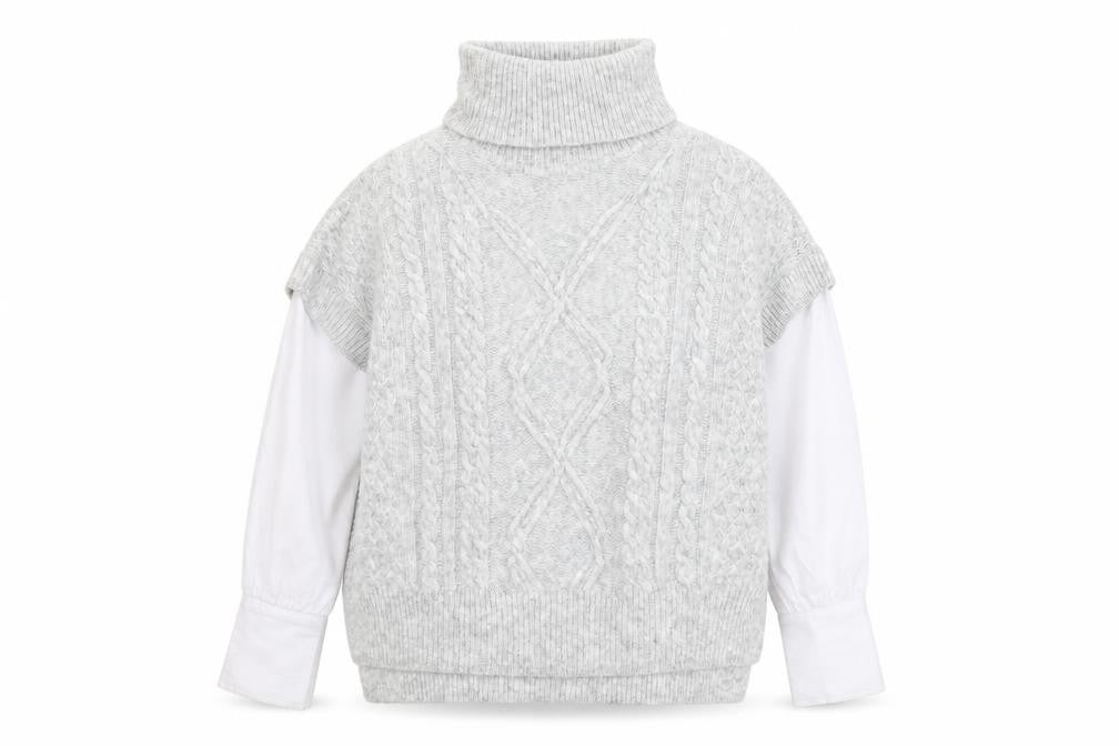 Dunnes Stores Women Grey Cable-Knit Roll Neck Sleeveless Jumper Size 14