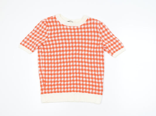 Marks and Spencer Women's Orange Check Knit Short Sleeve Top Size 12