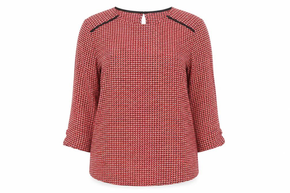 Front view of Dunnes Women Red Geometric Tunic Blouse, size S, Long Sleeve