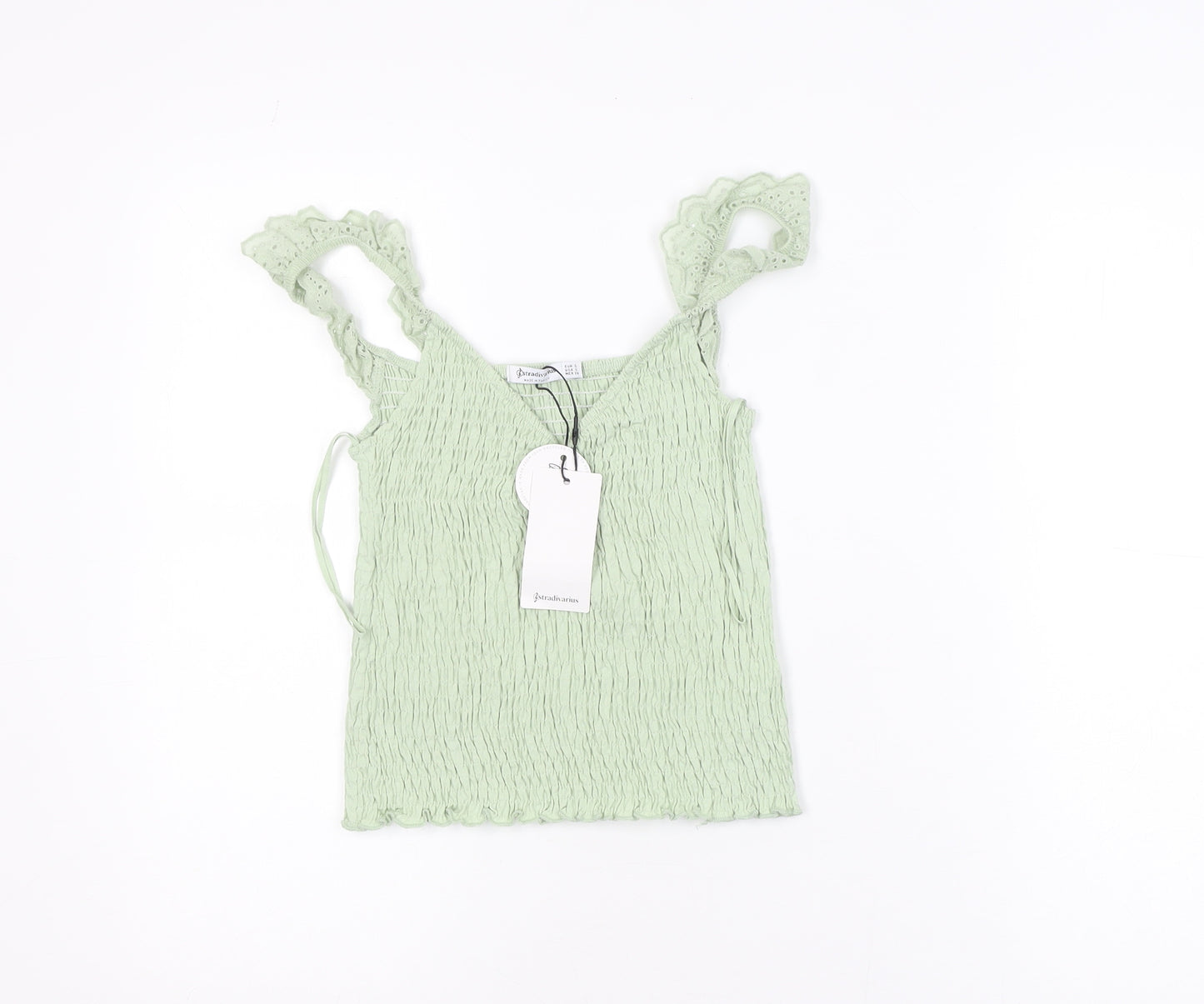 Stradivarius Women Green Ruffle Strap Camisole Tank Top Size 8