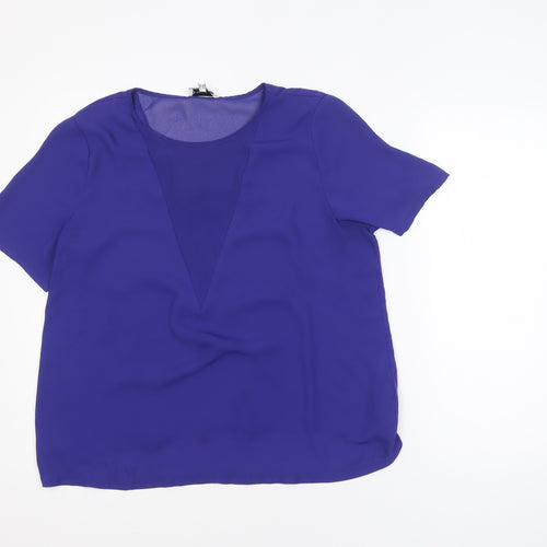 Warehouse Women's Blue Short Sleeve V-Neck Chiffon Blouse Size 16