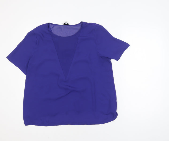 Warehouse Women's Blue Short Sleeve V-Neck Chiffon Blouse Size 16