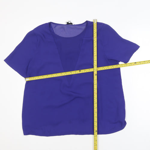 Warehouse Women's Blue Short Sleeve V-Neck Chiffon Blouse Size 16