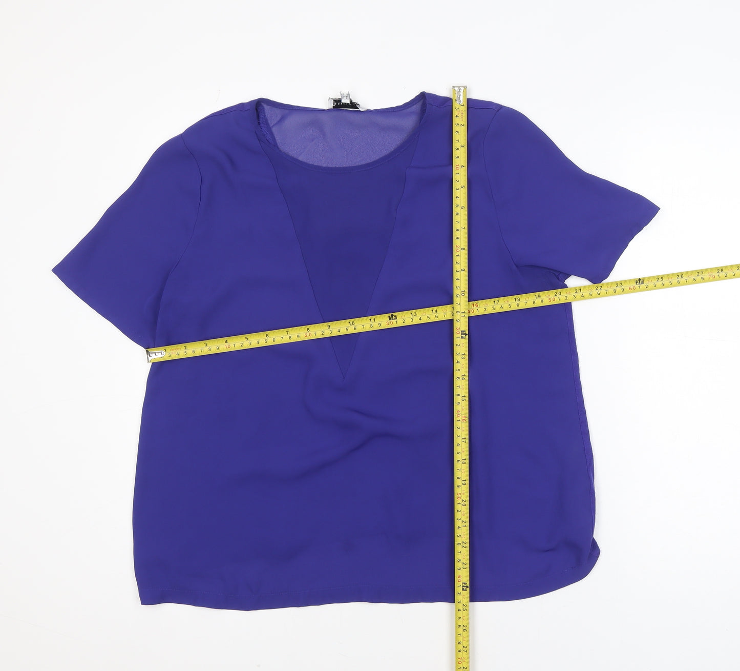 Warehouse Women's Blue Short Sleeve V-Neck Chiffon Blouse Size 16
