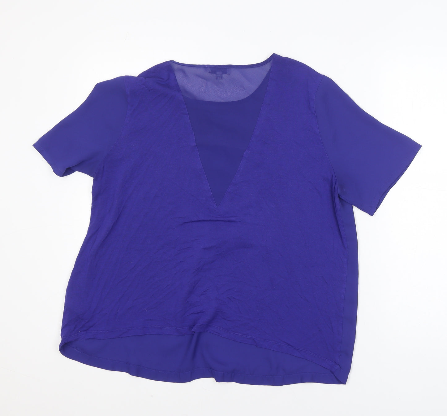 Warehouse Women's Blue Short Sleeve V-Neck Chiffon Blouse Size 16