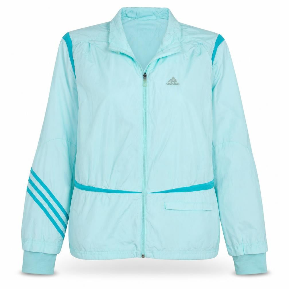 Front view of Adidas Women's Blue Lightweight Windbreaker Jacket, size 16