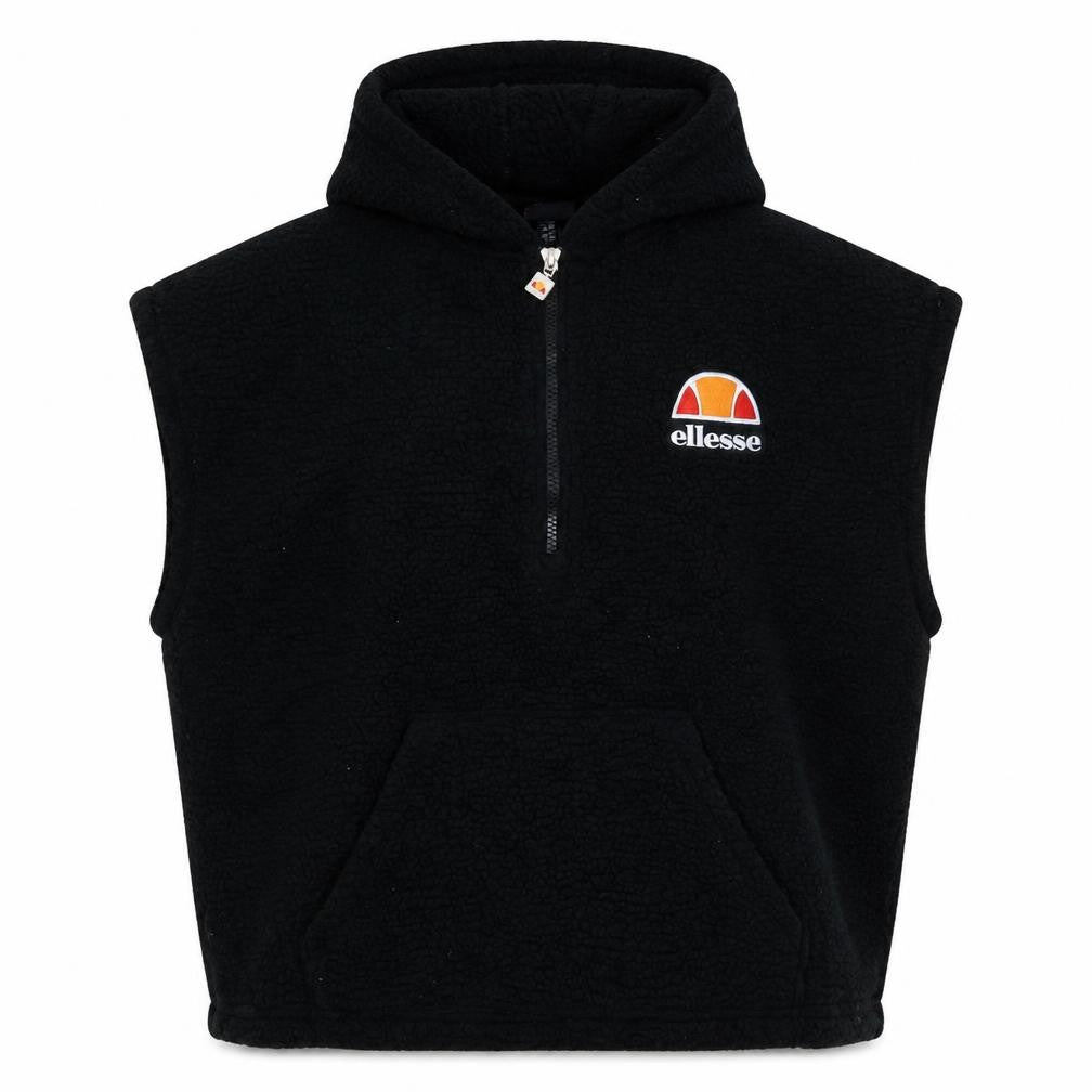Front view of Ellesse women’s black uk 10 sleeveless 1/2 zip hooded pullover sweatshirt