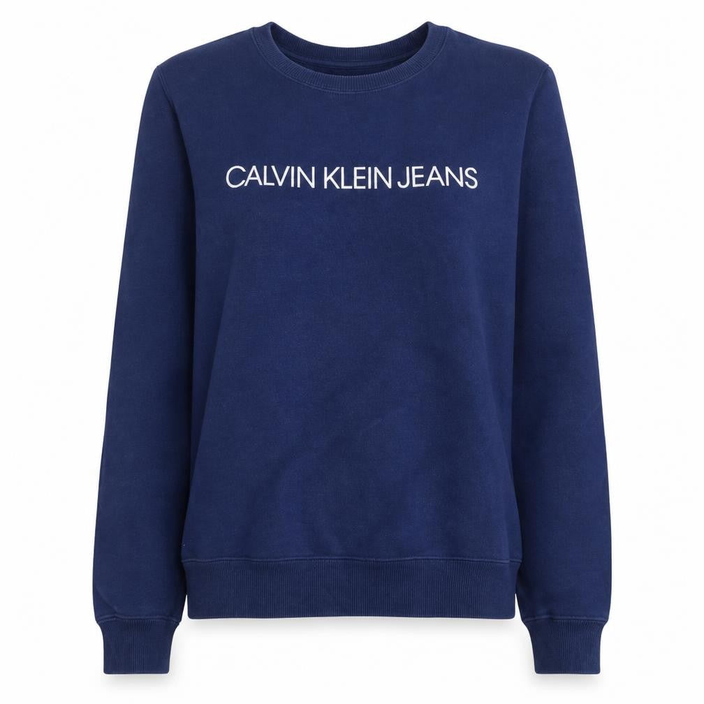 Front view of Calvin Klein Jeans Women's Navy Blue Logo Sweatshirt, size S