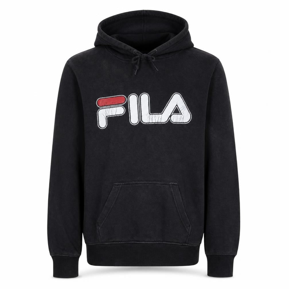 Front view of Fila men’s black pullover hoodie, size M, graphic logo sportswear