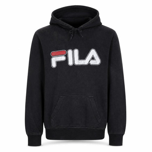 Front view of Fila men’s black pullover hoodie, size M, graphic logo sportswear