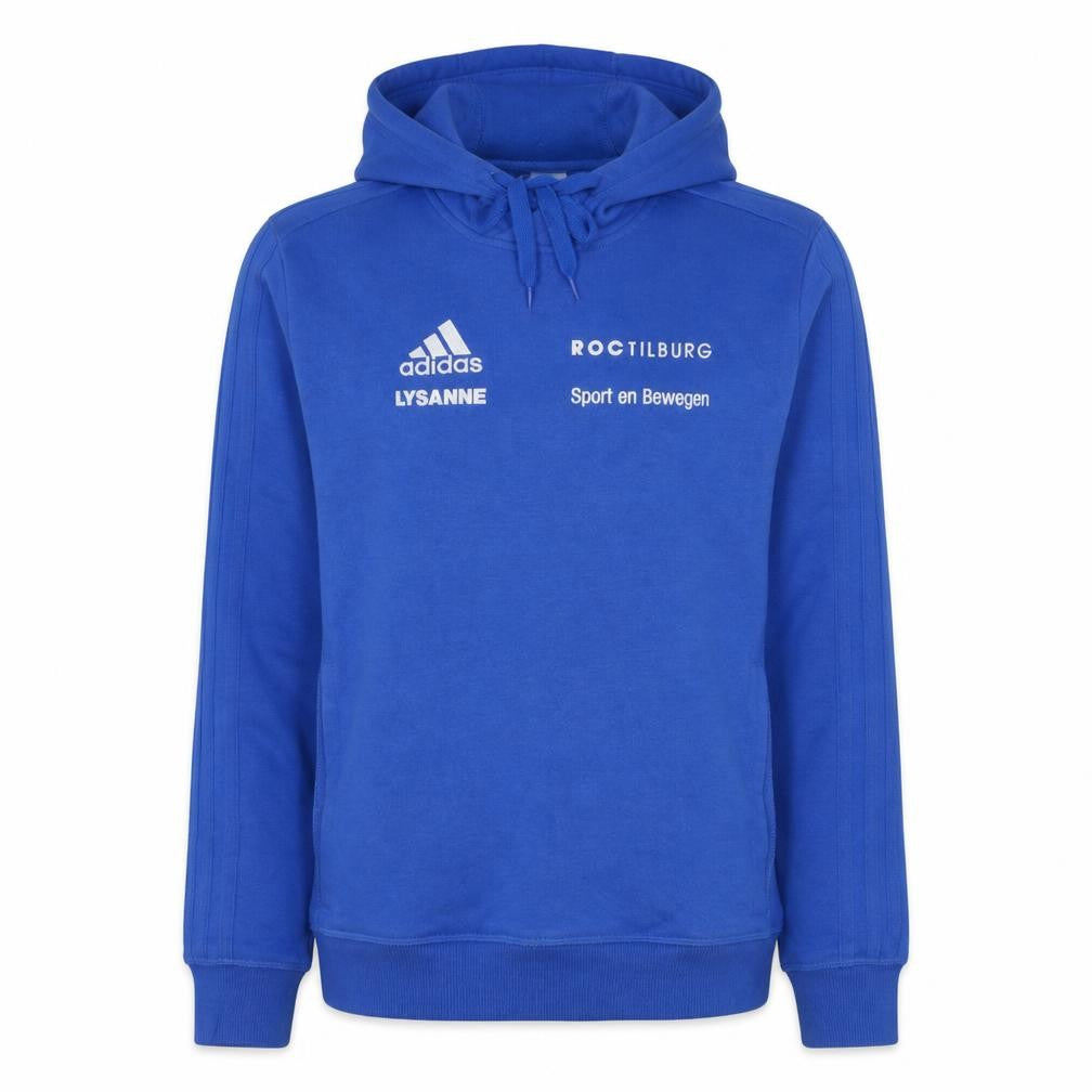 Front view of Adidas Men's Blue XS Pullover Hoodie with Logo and Drawstring