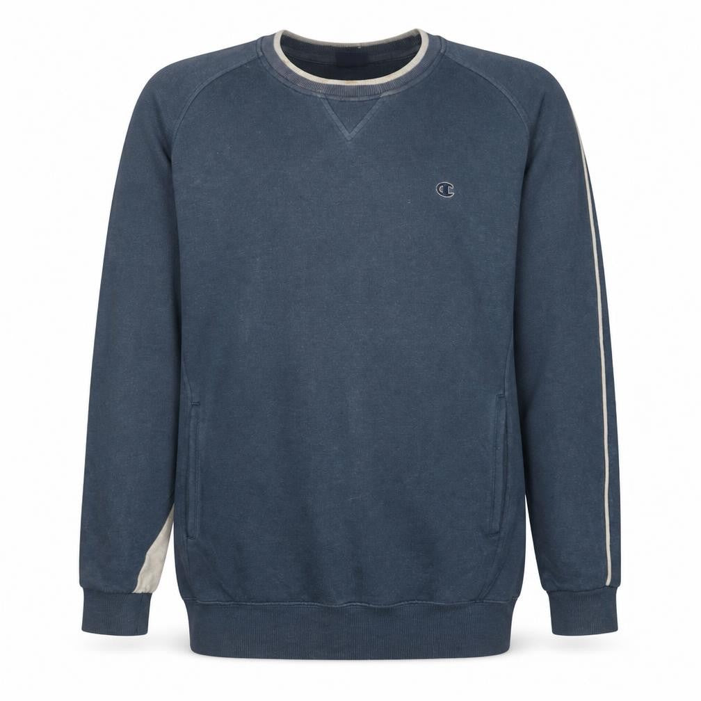 Front view of Champion Men's Blue Crew Neck Pullover Sweatshirt M