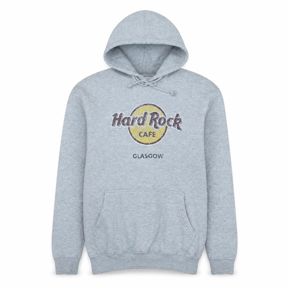Front view of Hard Rock Cafe Glasgow Men's Grey Pullover Hoodie, size L