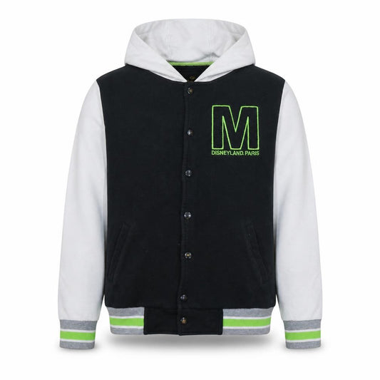 Front view of Disneyland Paris Men’s Black Hoodie S Mickey Mouse Embroidered Varsity Style