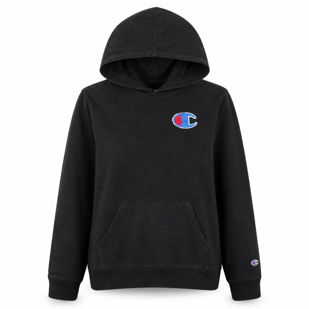 Front view of Champion women’s black xl pullover hoodie with logo detail