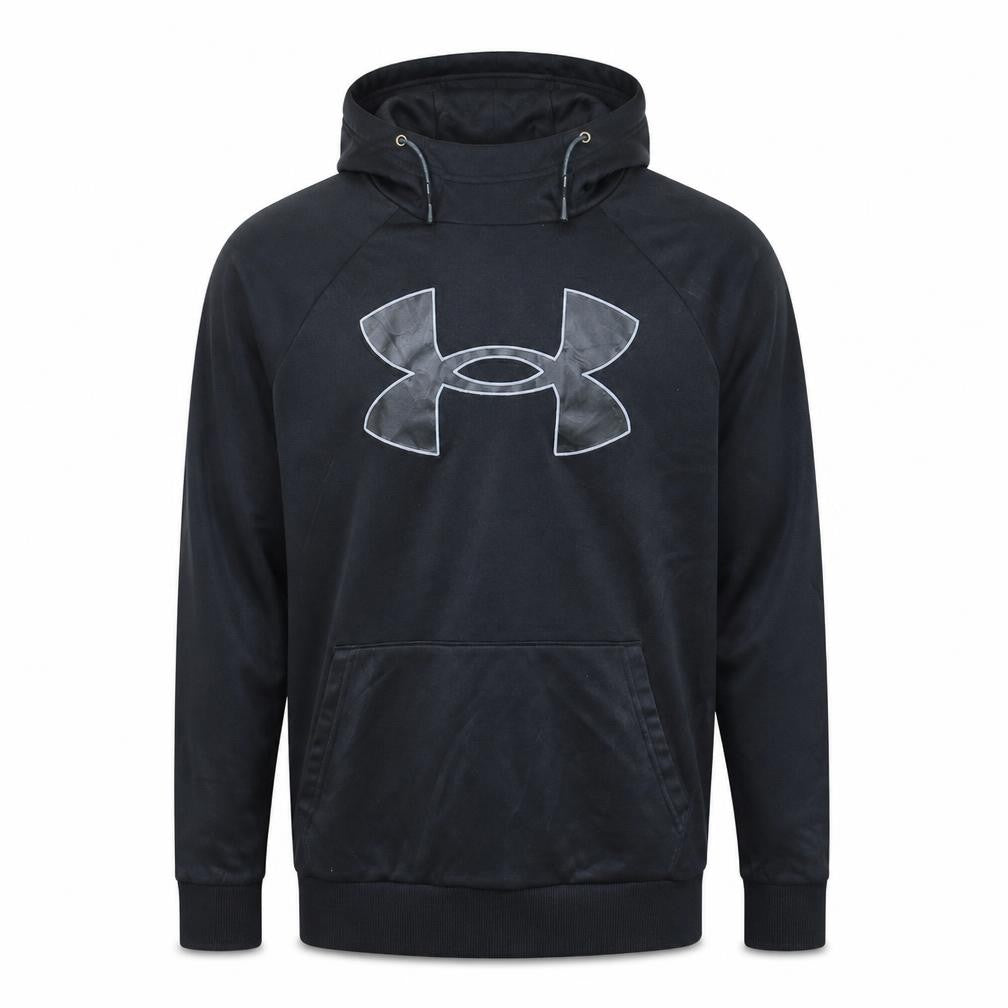 Front view of Under Armour Men's Black Pullover Hoodie, size L, Sports Style