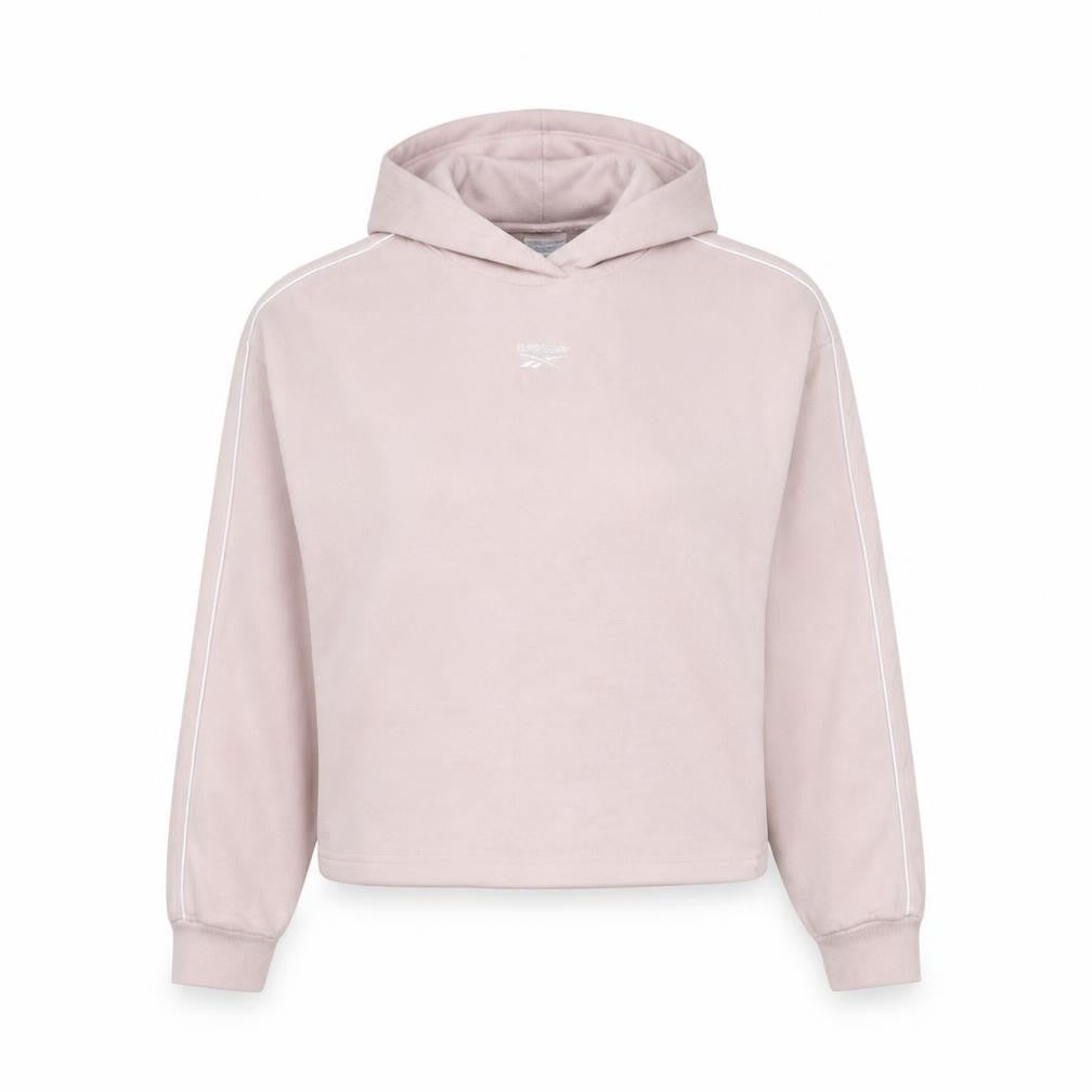 Front view of Reebok women’s light pink pullover hoodie small relaxed fit sweatshirt