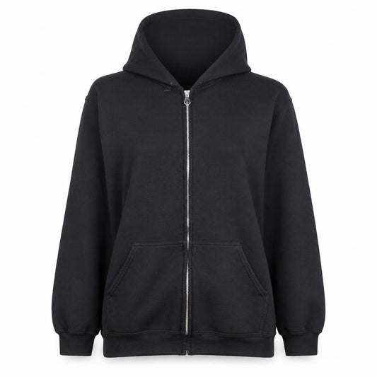 Front view of PRETTYLITTLETHING women’s black full zip hoodie, size L