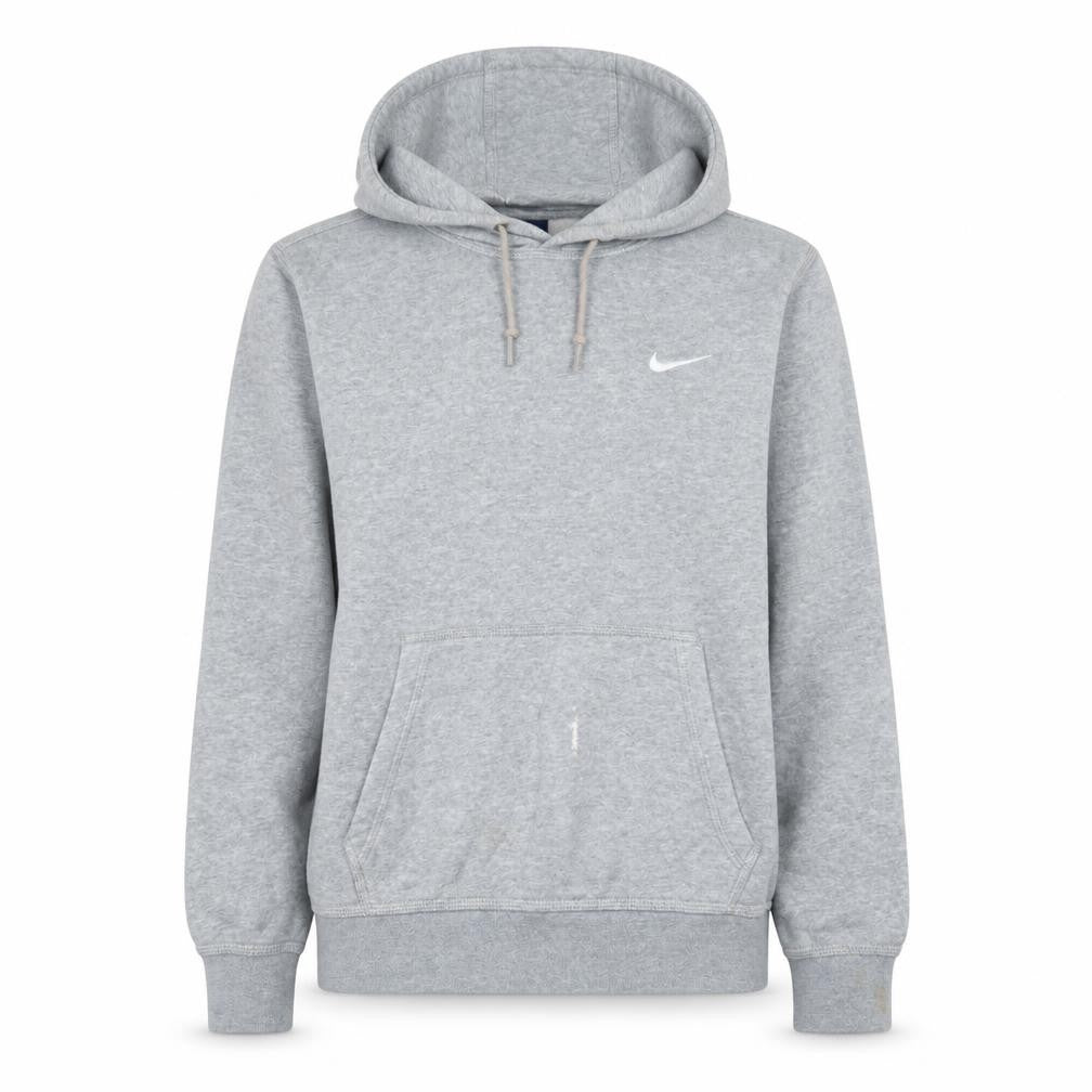 Front view of Nike women’s grey pullover hoodie, size M, cotton blend sportswear