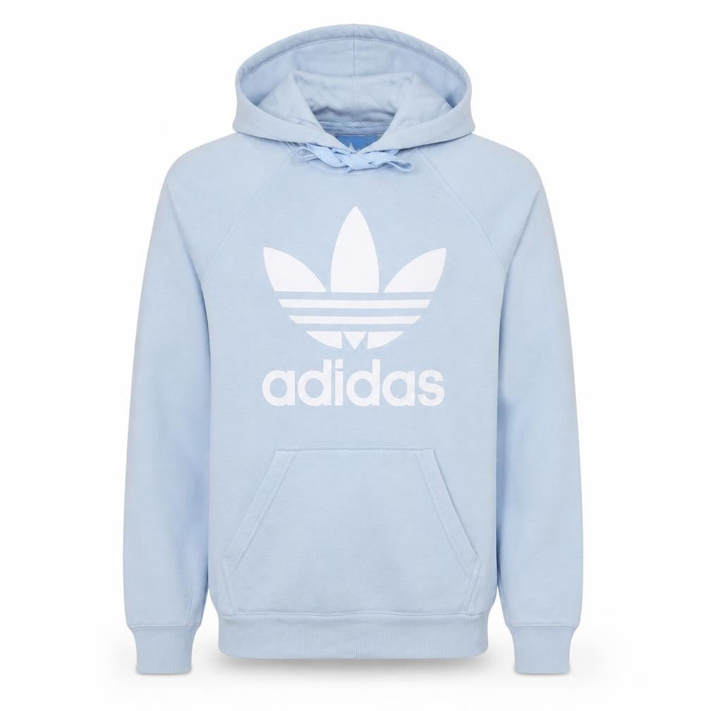 Front view of Adidas Men’s Blue Pullover Hoodie Small Logo Fleece Sweatshirt