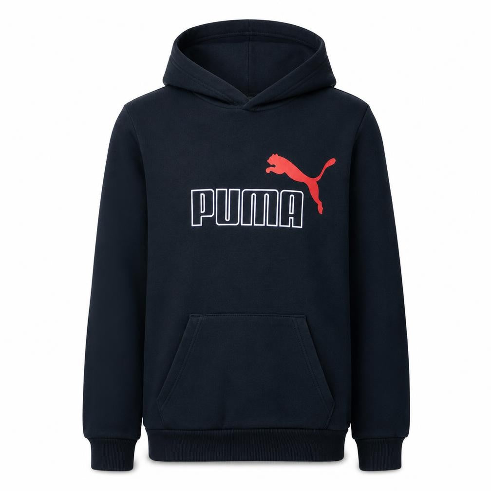 Front view of Puma boys’ black pullover fleece hoodie, size 164, logo sweatshirt