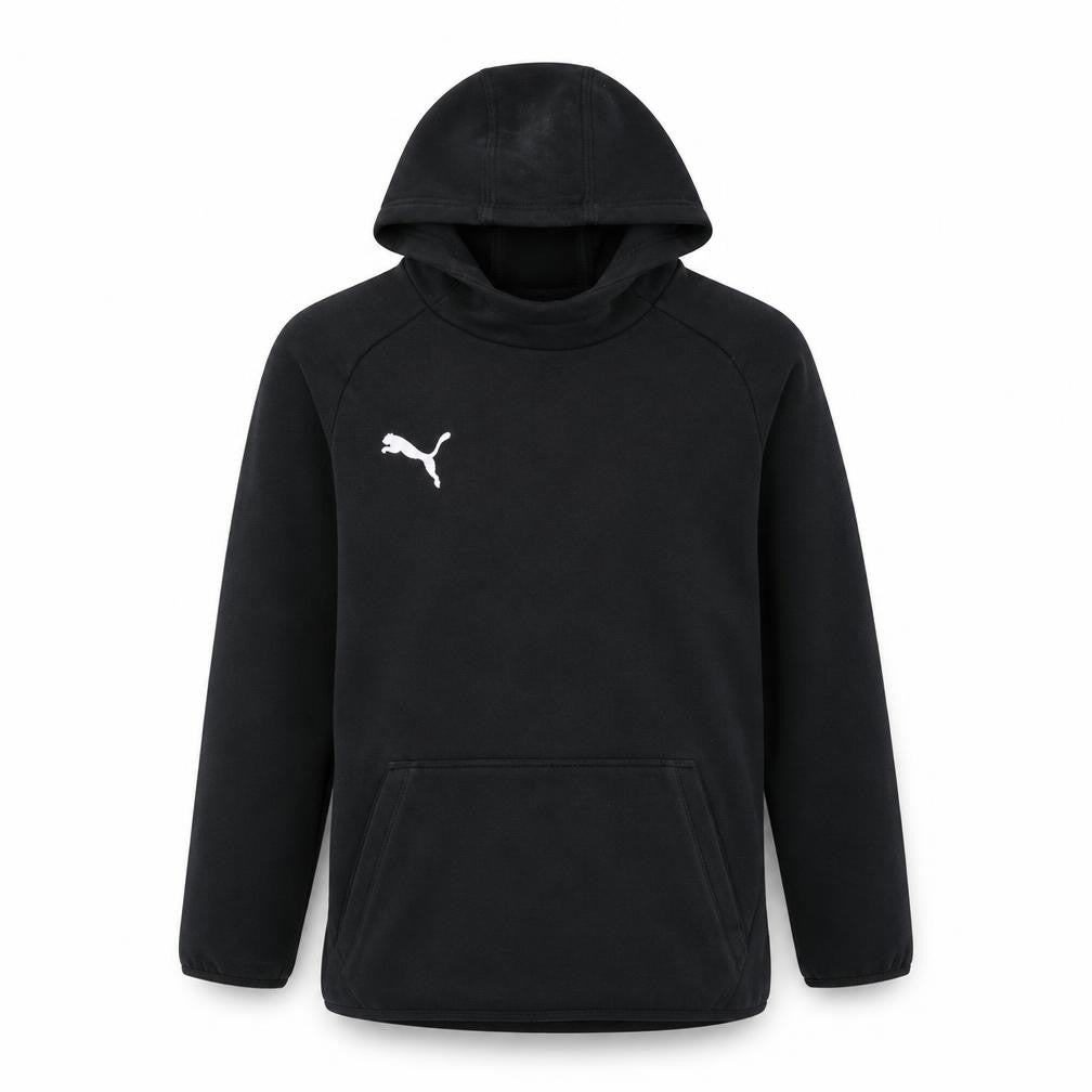 Front view of Puma boys’ black pullover fleece hoodie 13-14 years regular fit