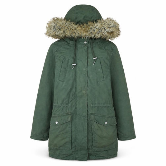 Front view of Tommy Jeans women’s green xs fur hooded parka coat