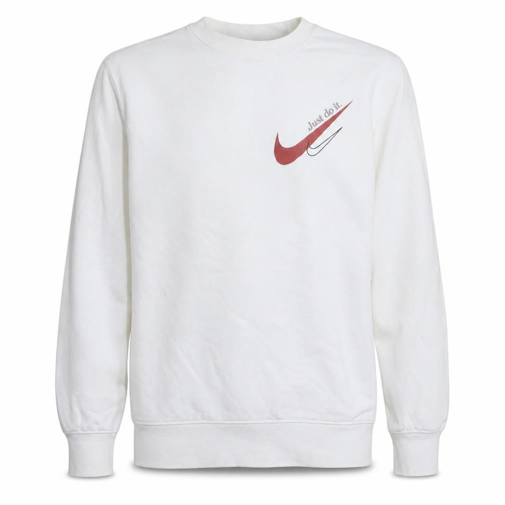 Front view of Nike Men's White Small Logo Pullover Sweatshirt Just Do It Crew Neck