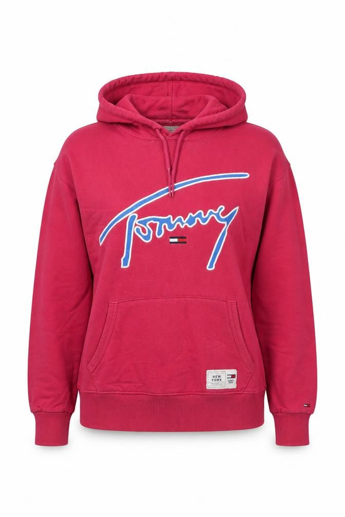 Front view of Tommy Jeans Women's Pink Pullover Hoodie, size S, Logo Print Cotton