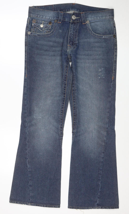 True Religion Women's Blue Bootcut Jeans Size 16 Mid Rise Embroidered Denim