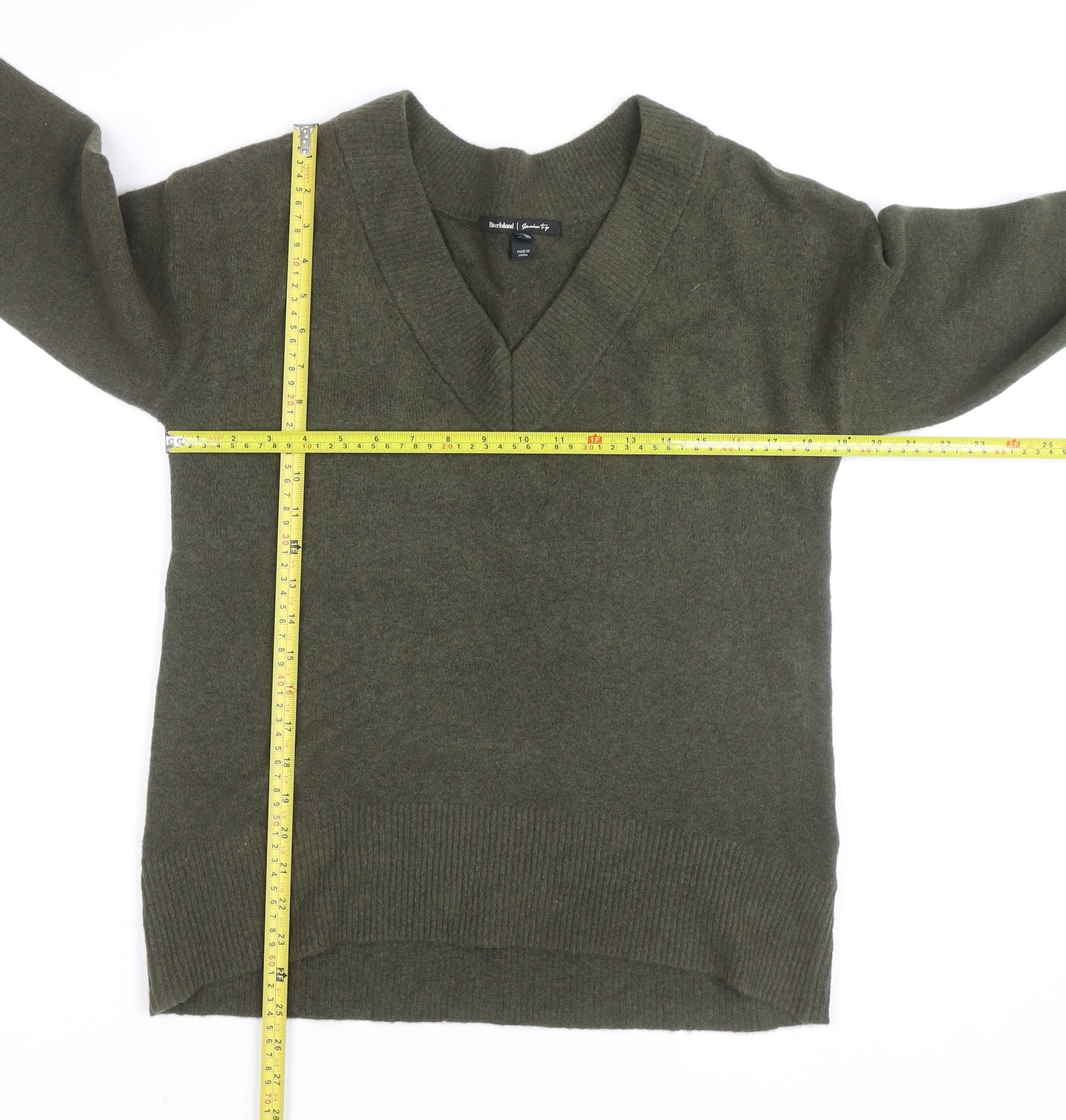 River Island Men's Green V-Neck Wool Blend Jumper XS