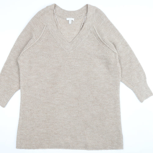 Topshop Women Beige Petite L V-Neck Chunky-Knit Jumper