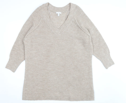 Topshop Women Beige Petite L V-Neck Chunky-Knit Jumper