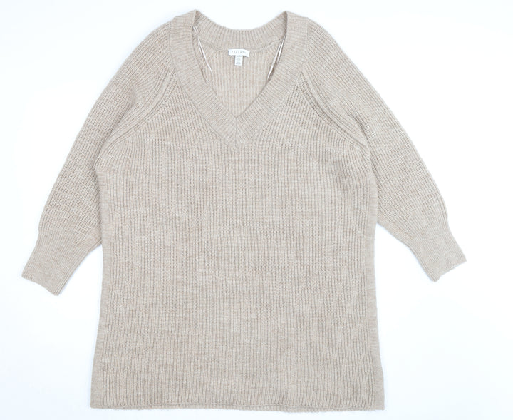 Topshop Women Beige Petite L V-Neck Chunky-Knit Jumper