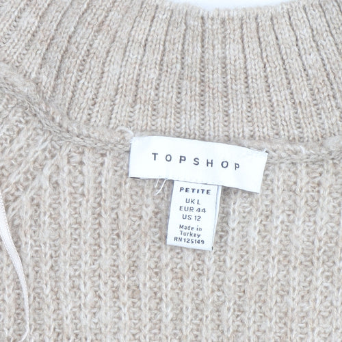 Topshop Women Beige Petite L V-Neck Chunky-Knit Jumper