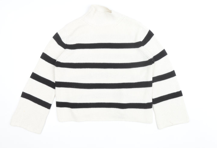 Banana Republic Women’s White Black Striped Merino Wool Mock Neck Jumper M