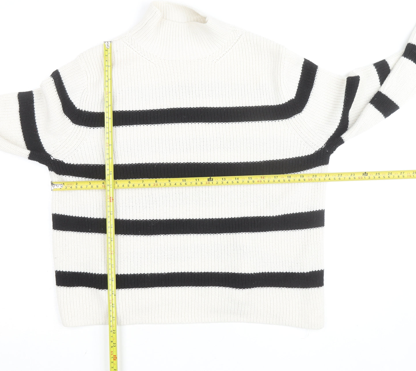 Banana Republic Women’s White Black Striped Merino Wool Mock Neck Jumper M
