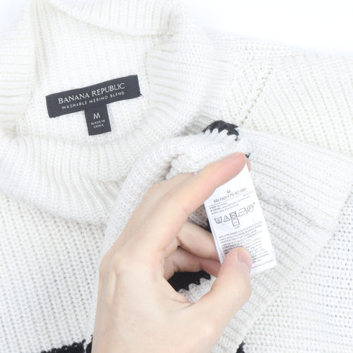 Banana Republic Women’s White Black Striped Merino Wool Mock Neck Jumper M