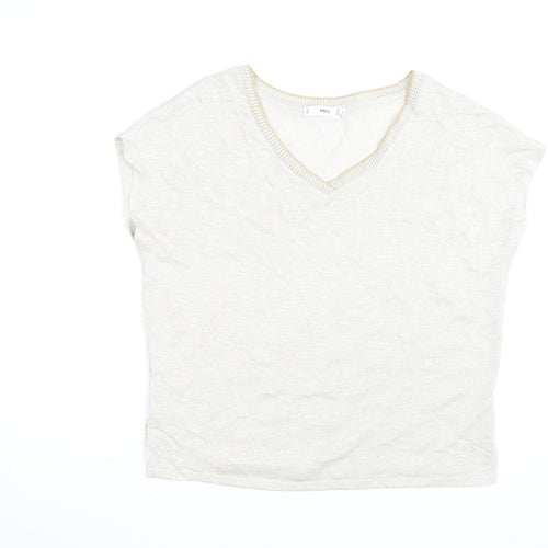 MNG Women's Beige V-Neck Short Sleeve Basic T-Shirt Size 8