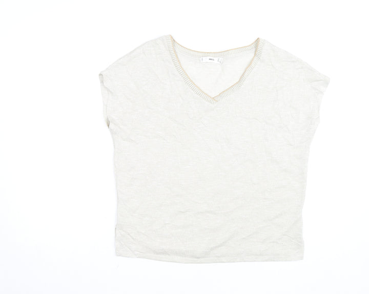 MNG Women's Beige V-Neck Short Sleeve Basic T-Shirt Size 8