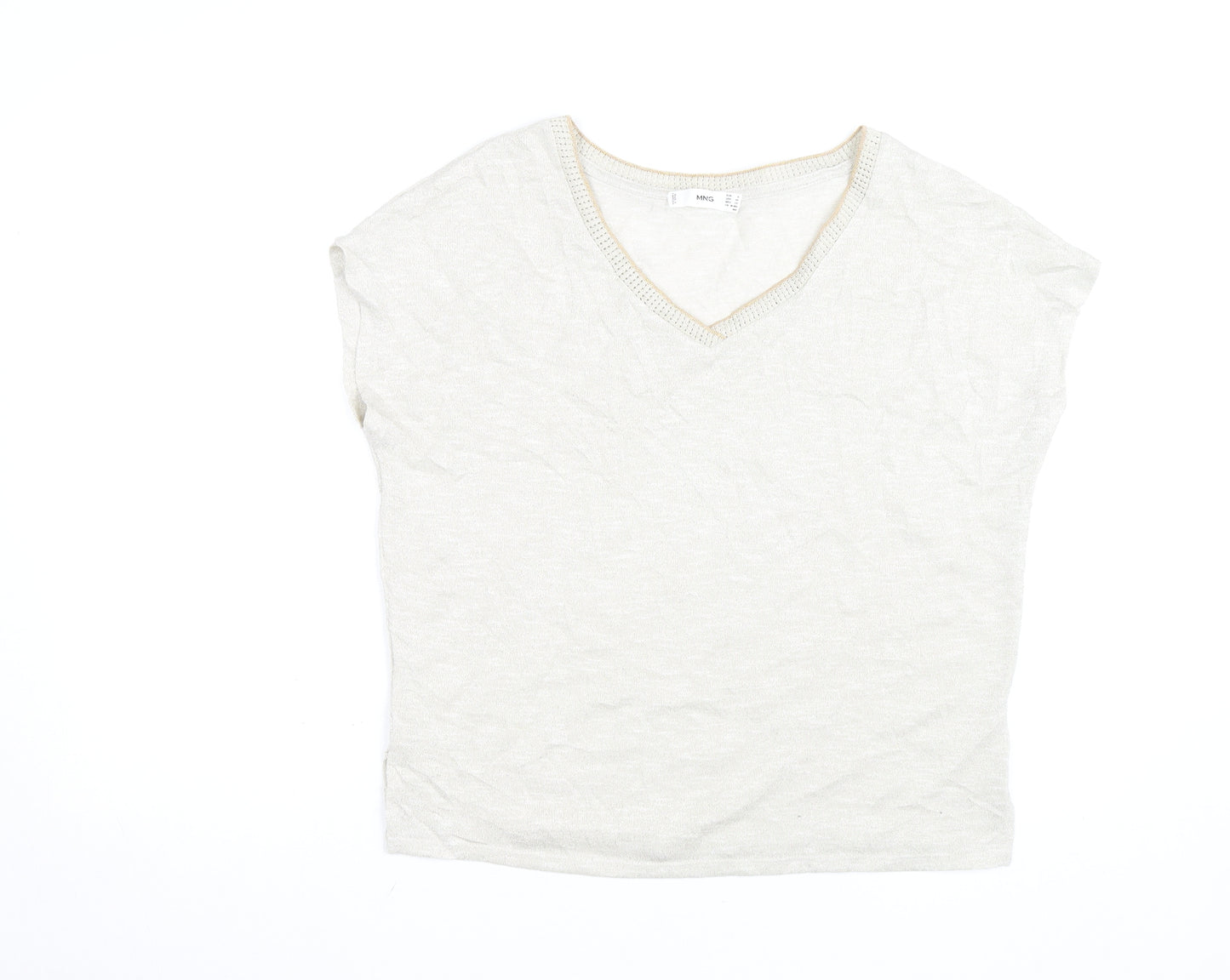 MNG Women's Beige V-Neck Short Sleeve Basic T-Shirt Size 8