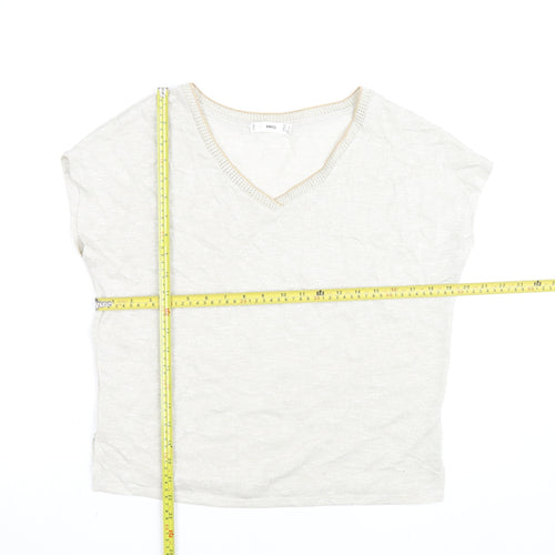 MNG Women's Beige V-Neck Short Sleeve Basic T-Shirt Size 8