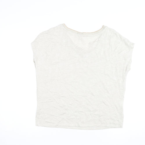 MNG Women's Beige V-Neck Short Sleeve Basic T-Shirt Size 8