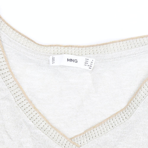 MNG Women's Beige V-Neck Short Sleeve Basic T-Shirt Size 8