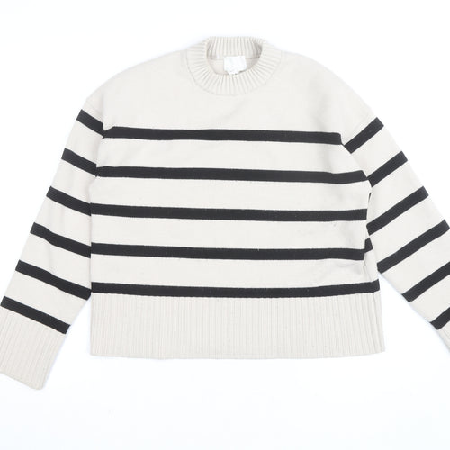 H&M Women’s Beige Black Striped Crew Neck Cotton Jumper Size 8