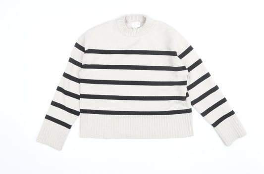 H&M Women’s Beige Black Striped Crew Neck Cotton Jumper Size 8
