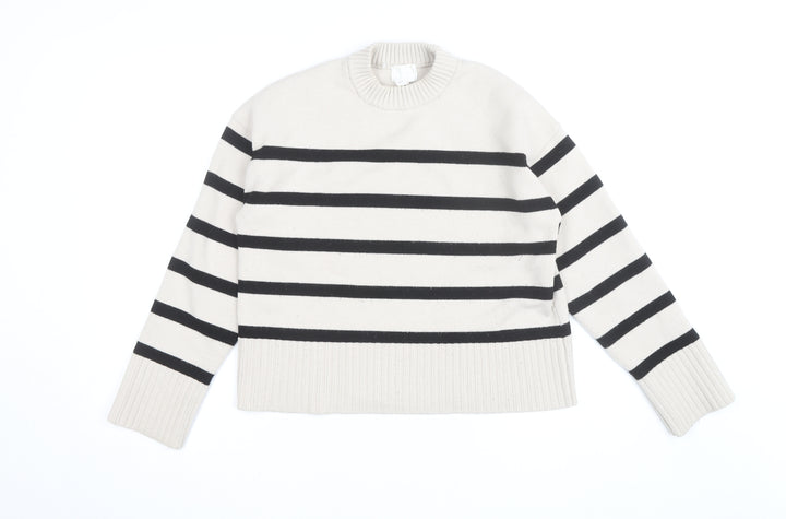 H&M Women’s Beige Black Striped Crew Neck Cotton Jumper Size 8