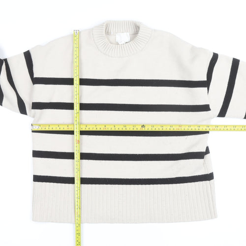 H&M Women’s Beige Black Striped Crew Neck Cotton Jumper Size 8
