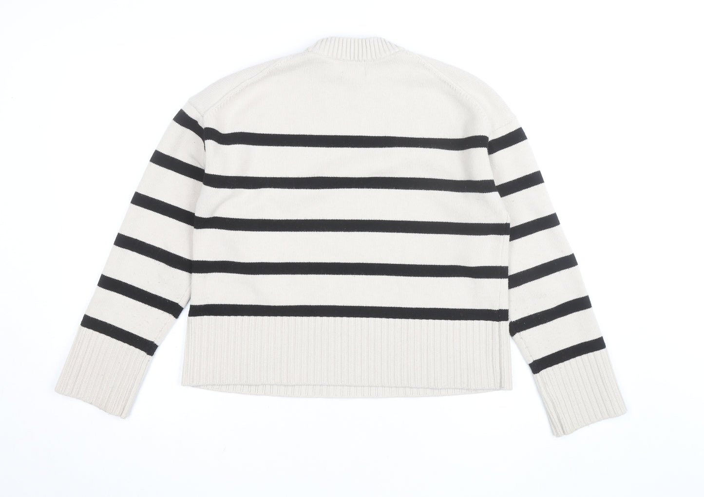 H&M Women’s Beige Black Striped Crew Neck Cotton Jumper Size 8