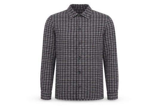 Front view of H&M Men's Grey Check Regular Fit Long Sleeve Button-Up Shirt, size S
